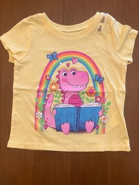 2T Yellow Tee with Pink Dinosaur & Rainbow Graphic